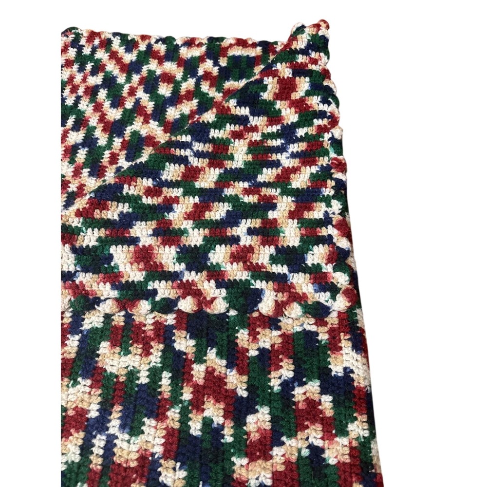 Vintage Handmade Crochet Afghan Blanket Multi Color Navy‎ Green Red Cream 60x39